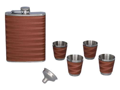 Elegancka Brązowa Piersiówka Obszyta Skórą w Zestawie z Kieliszkami Gentelo na Arena.pl