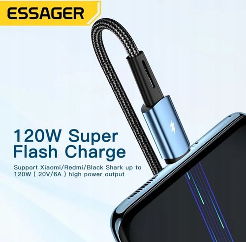 Kabel 2 metry czarny Essager USB A do USB-C 6A SZYBKIE ŁADOWANIE 120W 6A 2M na Arena.pl
