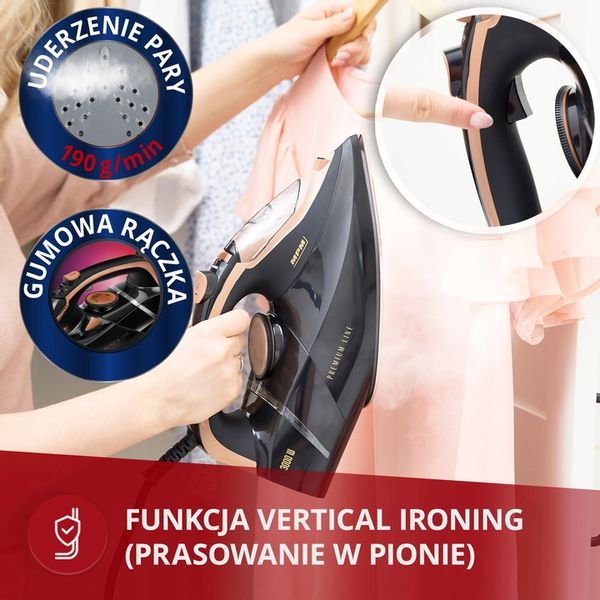 Żelazko parowe ze stopą ceramiczną 3000W czarne mocne MPM MZE-24/C zdjęcie 8