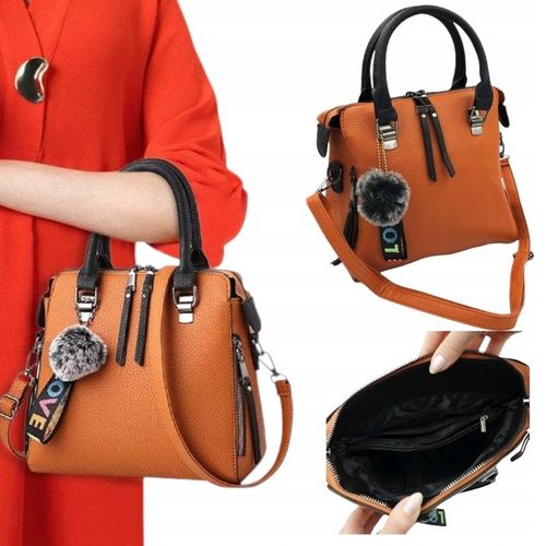 Torebka Brązowa Kuferek Damska Brelok Pompon Do Ręki na Ramię na Arena.pl