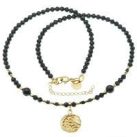 Naszyjnik regulowany - Turmalin czarny kulki, zawieszka słońce i srebro złocone