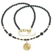 Naszyjnik regulowany - Turmalin czarny kulki, zawieszka słońce i srebro złocone