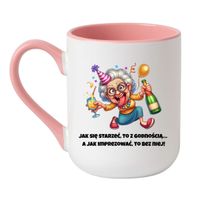 KUBEK "JAK SIĘ STARZEĆ, TO Z GODNOŚCIĄ" Wzór - Elegant Coffee Różowy 330 ml