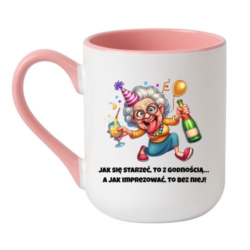 KUBEK "JAK SIĘ STARZEĆ, TO Z GODNOŚCIĄ" Wzór - Elegant Coffee Różowy 330 ml na Arena.pl
