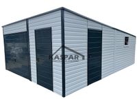 Garaż blaszany 5x6 2x Brama + 2x drzwi biały spad w tył GP121