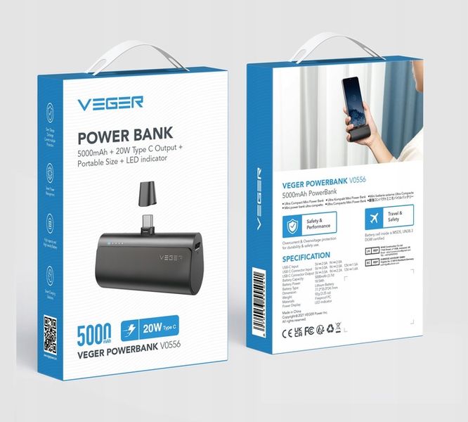 POWERBANK VEGER PlugOn 5000mAh PD 20W USB C mini mały lekki kieszonkowy zdjęcie 3