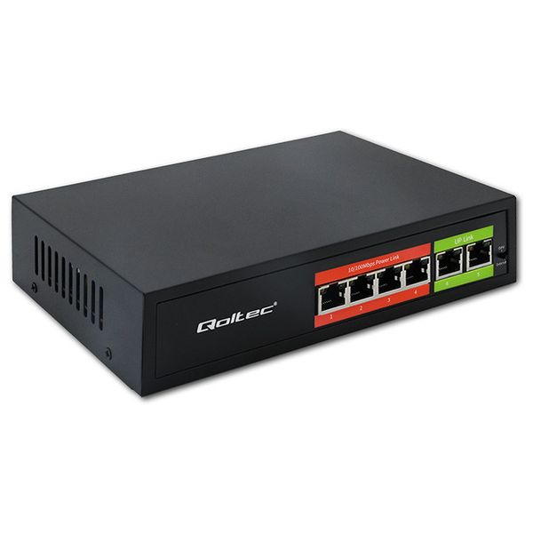 Qoltec Switch PoE 4x RJ45 + 2x Uplink, 65W, Fast Ethernet zdjęcie 1