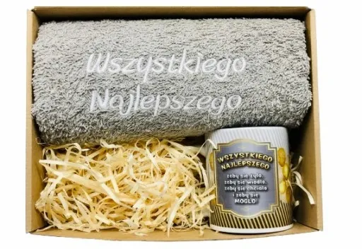 PREZENT NA URODZINY 18-70 Zestaw Kosz Prezentowy Ręcznik Kubek Czekolada zdjęcie 8