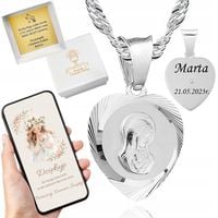 Medalik Serce Matka Boska srebrny łańcuszek 40cm 925 Komunia Chrzest GRAWER