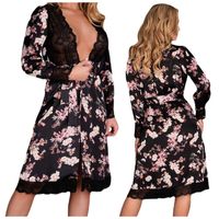 SZLAFROK DAMSKI SATYNOWY Z KORONKĄ KWIATY L/XL