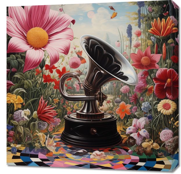 Obraz 70x70cm Gramofon w Kwiatach zdjęcie 1
