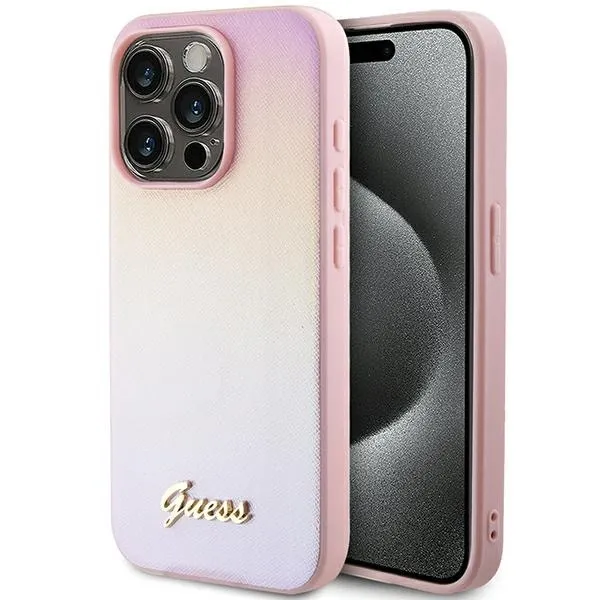 Etui Guess Saffiano Iridescent Script na iPhone 14 Pro Max - różowe zdjęcie 1