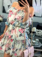 Sukienka hiszpanka w kwiaty z falbanką na ramiona ecru uniwersalny Biały