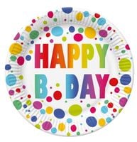 Talerzyki papierowe urodzinowe kropki Happy B'day Birthday, 23 cm 8 szt.