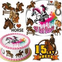 ZESTAW OPŁATEK NA TORT 20CM + 16 POSTACI - JAZDA KONNO KOŃ + IMIĘ 15CM 18CM