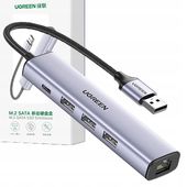 adapter ugreen 5w1 usb-a do 3x usb 3.0 + rj45 + usb-c  cm475(szary)
