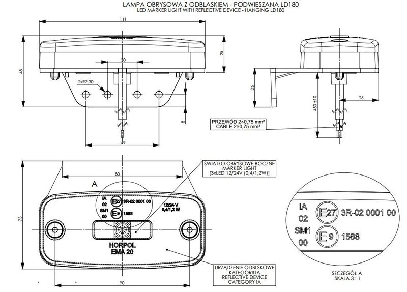 Lampa LED obrys. podwieszana pomarańczowa (LD180) zdjęcie 2