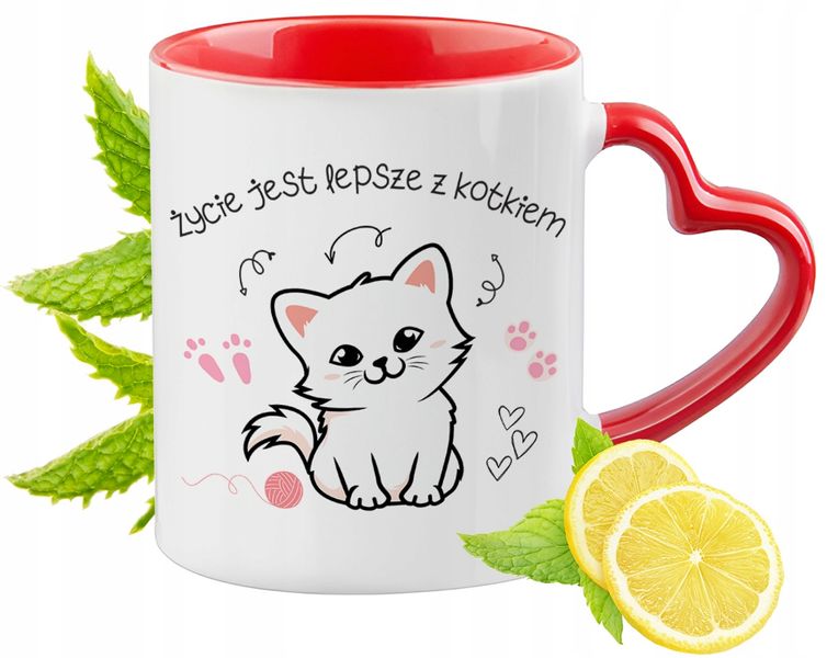 Kot Kotki Kubek Czerwony Z Uszkiem W Kształcie Serca Na Prezent zdjęcie 1