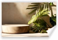 Fototapeta PREMIUM STRUKTURA ZMYWALANA NA WYMIAR DREWNIANE PODIUM Z LIŚĆMI