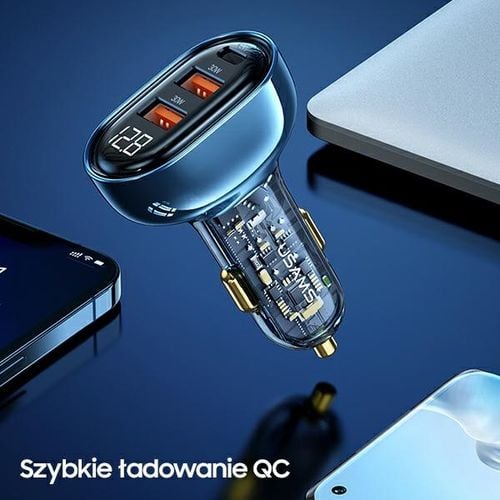 usams ład. sam. 2xusb+1xusb-c 125wfast charge transparent blue na Arena.pl