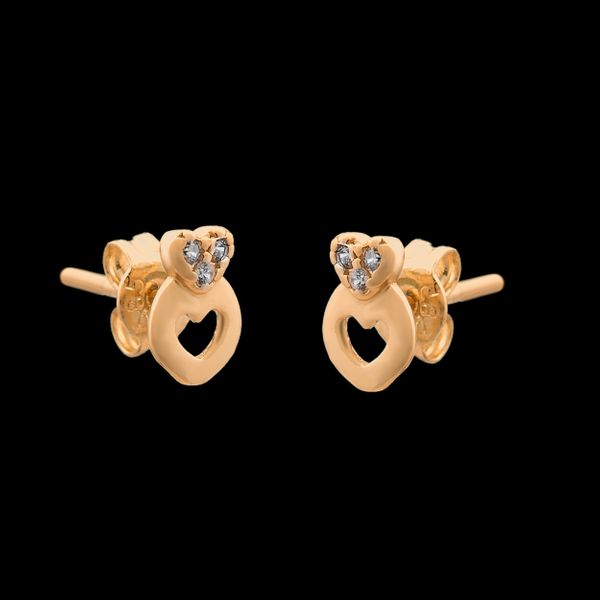 Złote Kolczyki Sztyfty Dwa Serca Cyrkonie zdjęcie 2