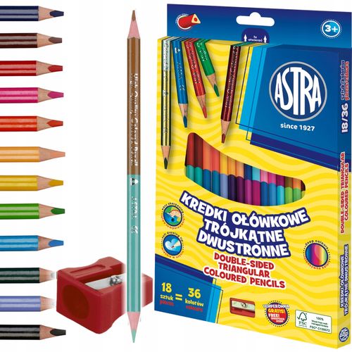 Astra, Kredki Ołówkowe Trójkątne Dwustronne, 18 Kredek 36 Kolorów Z Temperó na Arena.pl