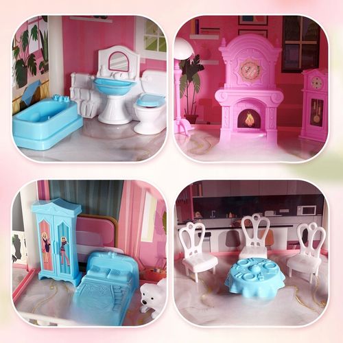 DUŻY ZESTAW MEBLI DO DOMKU DLA LALEK 3 PIĘTRA 9 POKOI z oświetleniem LED na Arena.pl