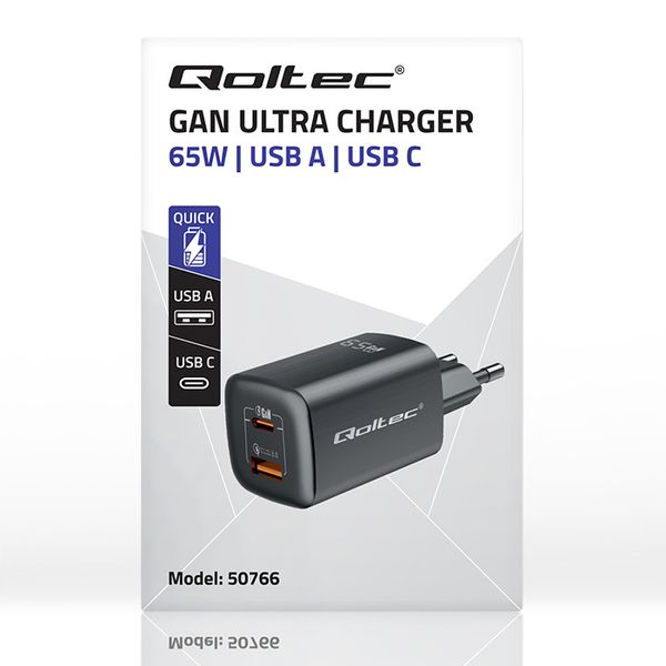 Qoltec Ładowarka sieciowa 65W GaN ULTRA | 5-20V | 2.25-3.25A | 1 x USB typ C PD | 1 x USB QC 3.0 | Czarna zdjęcie 8