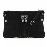 VERA PELLE torebka zamszowa listonoszka z frędzelkami V036 czarna