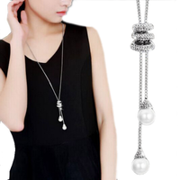 Naszyjnik długi srebrny łańcuszek perełki cyrkonie