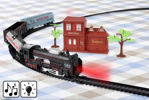 POCIĄG KOLEJKA ELEKTRYCZNA TORY LOKOMOTYWA 3 WAGONY 270CM DŁUGOŚCI STACJA na Arena.pl