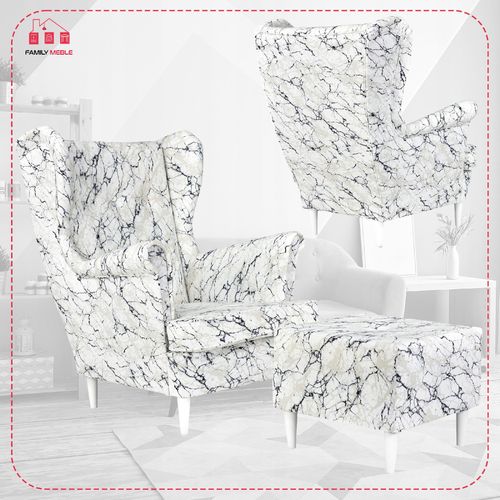 Fotel uszak ARI PRINT z podnóżkiem, skandynawski  marmurek na Arena.pl