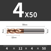 Frez TiSiN 4 ostrza Z-4 do stali nierdzewnej do 55HRC Rozmiar: Ø4x12x4Dx50L