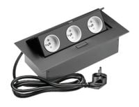 Przedłużacz biurkowy wpuszczany prostokątny 3 gniazda z bolcem, Czarny