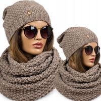 Modny KOMPLET damski CZAPKA + KOMIN ciepły szal z wełną brązowy