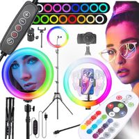 ZESTAW MOCNA LAMPA PIERŚCIENIOWA RING DO SELFIE LED RGB STATYW+PILOT USB