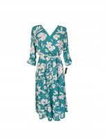 Midi Zielona Sukienka W Kwiaty Białe Gumka W Pasie S 36