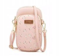 Torebka skórzana mała kopertówka na telefon w kwiatuszki różowa eko skóra