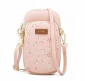 Torebka skórzana mała kopertówka na telefon w kwiatuszki różowa eko skóra