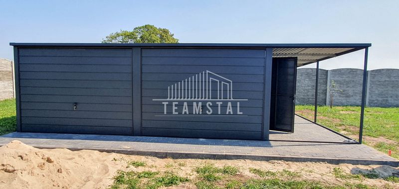 GARAŻ BLASZANY 6m x 5m poziom - spad tył 2x Brama uchylna - wiata - dodatkowe drzwi + antracyt BTX 7016 TS221 6x5 zdjęcie 4