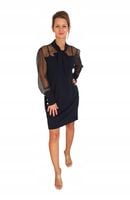 Czarna Elegancka Sukienka Z Kokardą Przed Kolano Z Ozdobnym Rękawem S M