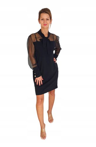 Czarna Elegancka Sukienka Z Kokardą Przed Kolano Z Ozdobnym Rękawem S M na Arena.pl