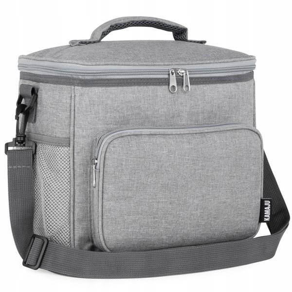 SOLIDNA TORBA TERMICZNA NA LUNCH PIKNIK 2 KOMORY + KIESZENIE PASEK SZARA zdjęcie 1