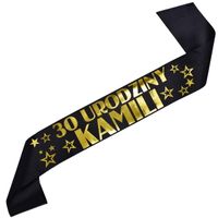 30 urodziny z imieniem - czarna szarfa ze złotym nadrukiem