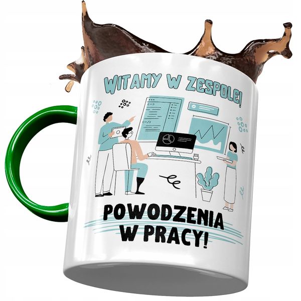 Kubek Zielony Na Powitanie Przywitanie W Pracy Z Nadrukiem Ze Zdjęciem zdjęcie 1