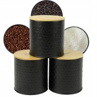 ZESTAW 3 POJEMNIKÓW KAWA HERBATA CUKIER CZARNE STALOWE BAMBUSOWA POKRYWA