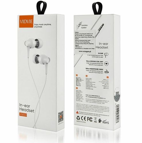 VIDVIE Przewodowe Słuchawki Wbudowany Mikrofon Przyciski 3.5mm BIAŁE na Arena.pl