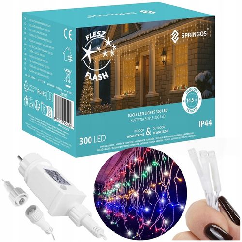 KURTYNA GIRLANDA ŚWIETLNA SOPLE LAMPKI 300LED MULTIKOLOR FLASH OŚWIETLENIE na Arena.pl