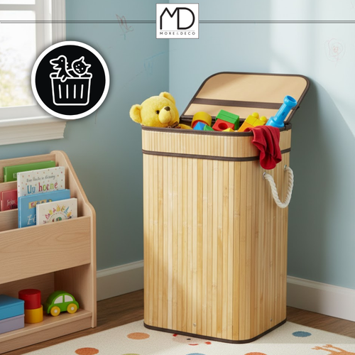 SKŁADANY KOSZ POJEMNIK NA PRANIE BIELIZNĘ Z POKRYWĄ BAMBUSOWY DREWNIANY 80L na Arena.pl
