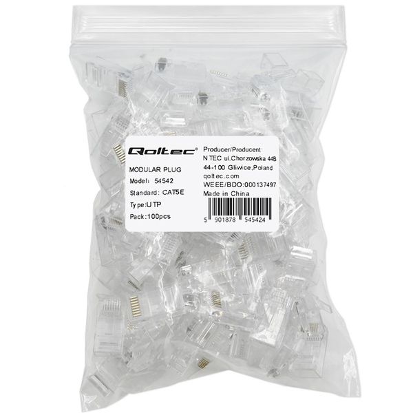 Qoltec Wtyk przelotowy złącze RJ45 CAT5e UTP Pozłacane styki 100 sztuk zdjęcie 2